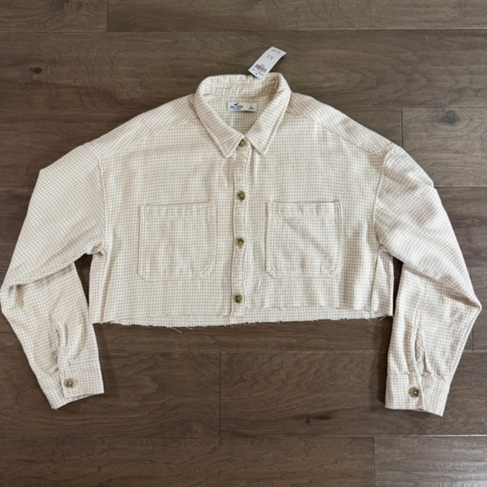 Hollister Women Beige‎ Houndstooth Cropped Button Down Shacket Shirt Large NEW